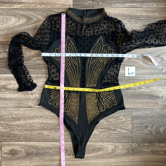 Black Gold Studded Bodysuit Corset Silhouette over Delicate Swiss Dot S/M/L/XL - Picture 9 of 10